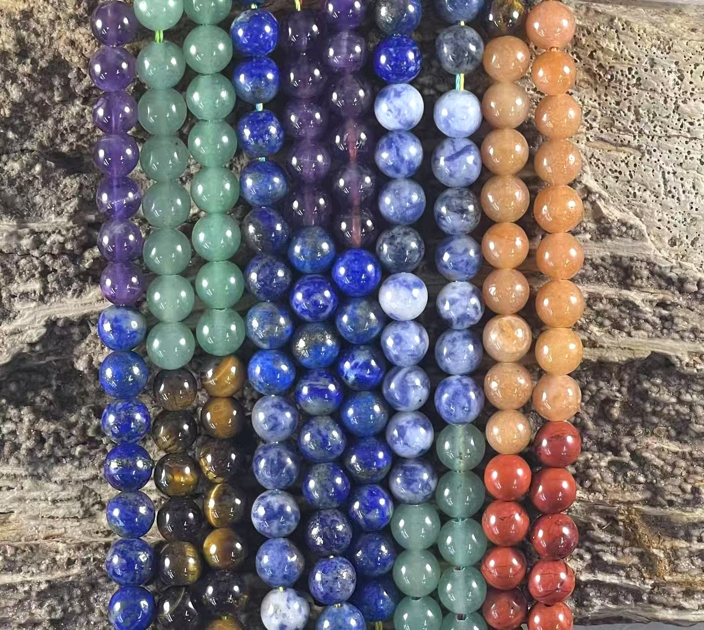 7 Chakra / Seven Stone Mix, (Amethyst, Lapis, Sodalite, Green Aventurine, Calcite, Red Jasper, Tiger Eye) Round 6mm 8mm-3