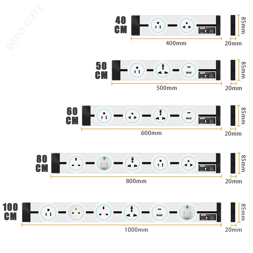 Power Track Socket EU/FR/Korea/USB Type-C Round Romovable Adapter Home Kitchen Meeting Wall Mounted Universal Electrical Outlet