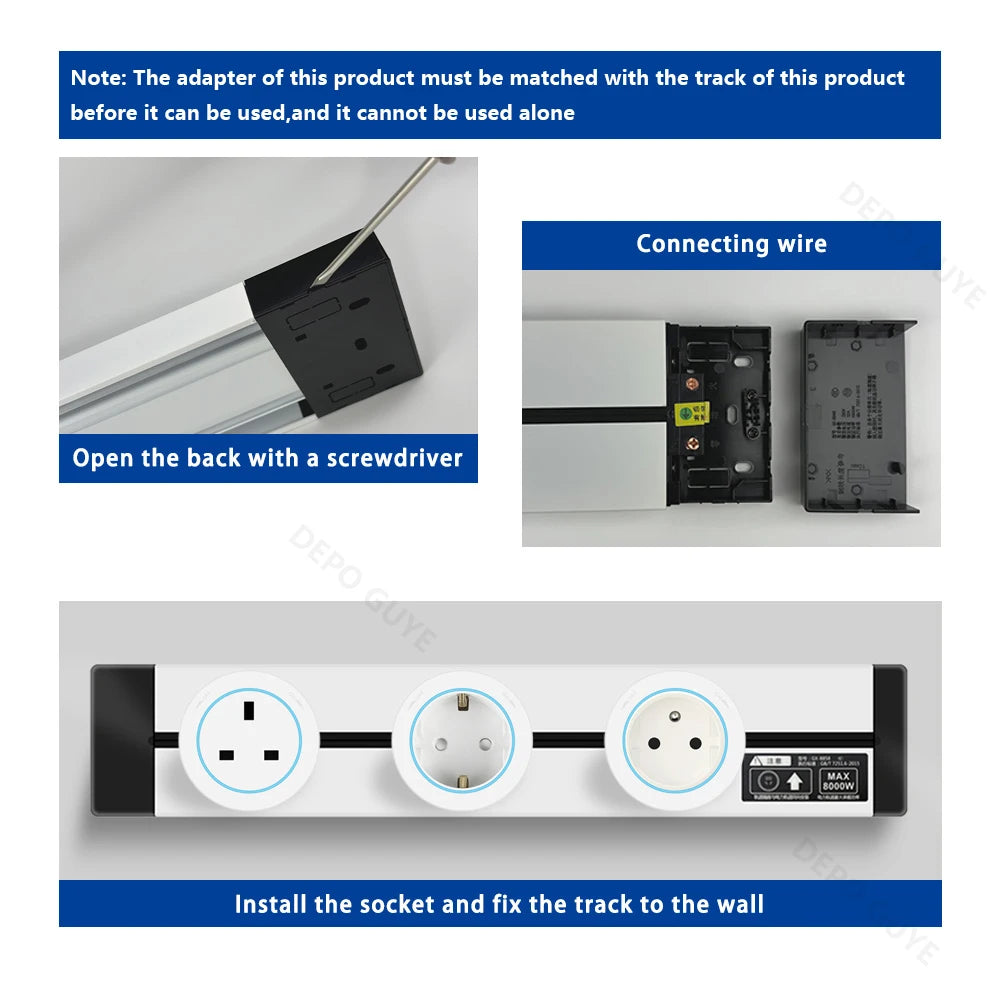 Power Track Socket EU/FR/Korea/USB Type-C Round Romovable Adapter Home Kitchen Meeting Wall Mounted Universal Electrical Outlet